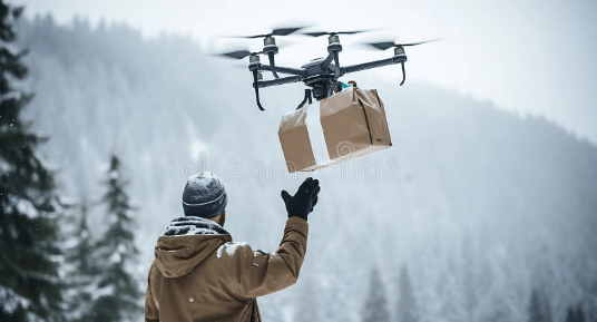 Image of person in the snow launching a drone with package
